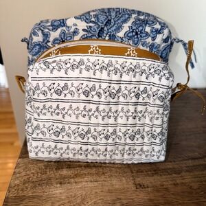 Garnet Hill Quilted Cosmetic Bag Bundle 2 Cotton Travel Makeup Pouches Floral
